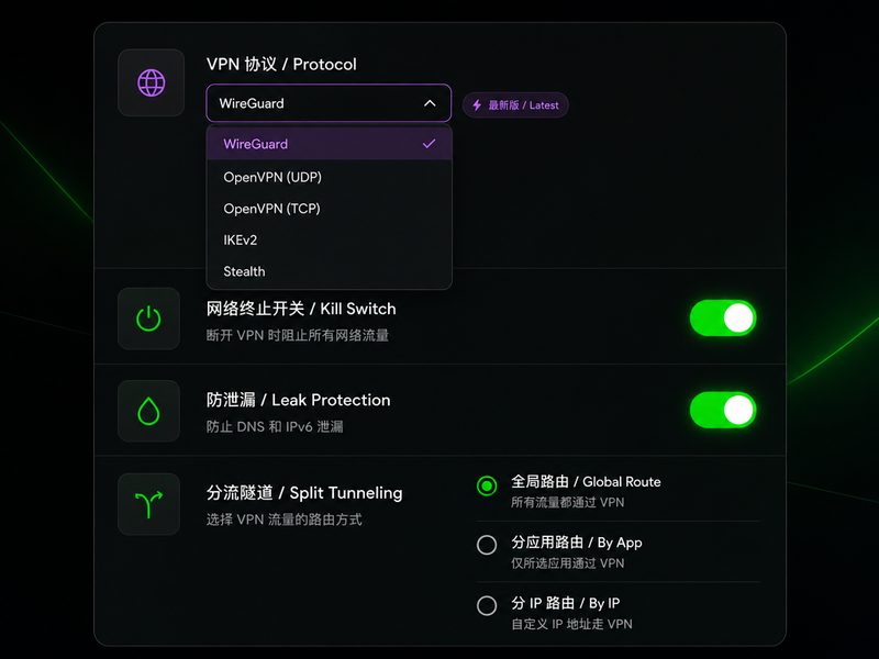 NovaVPN 安全设置面板界面 - 展示零日志政策与AES-256加密协议开关